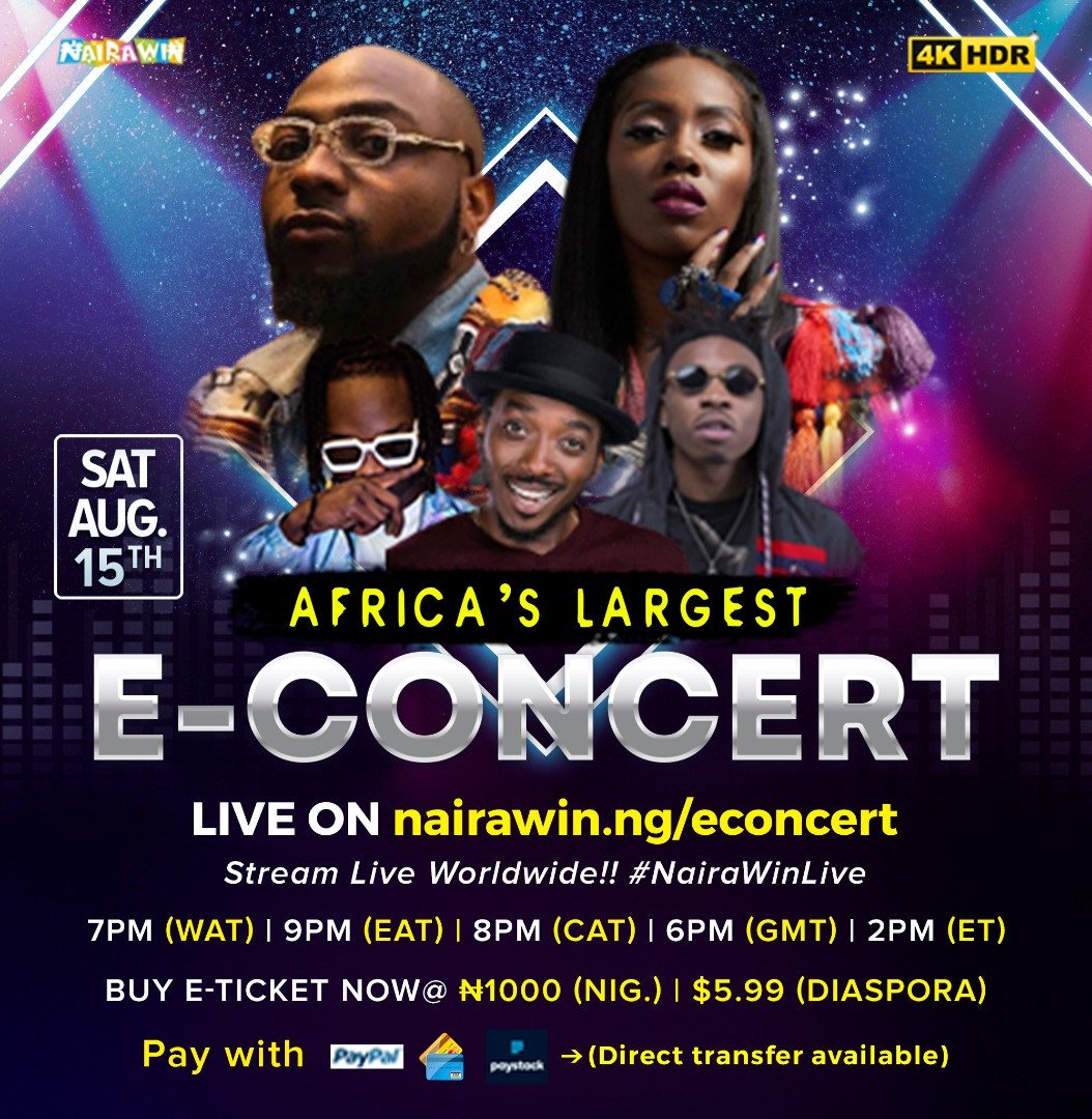 Davido, Tiwa Savage, Naira Marley and Mayorkun to perform in 4KHD at Africa’s largest E-concert, NairaWin Live