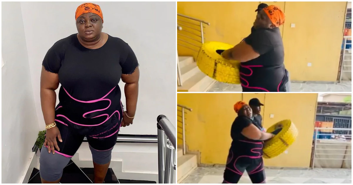 Actress Eniola Badmus lift heavy tyre as she embarks on weight loss journey