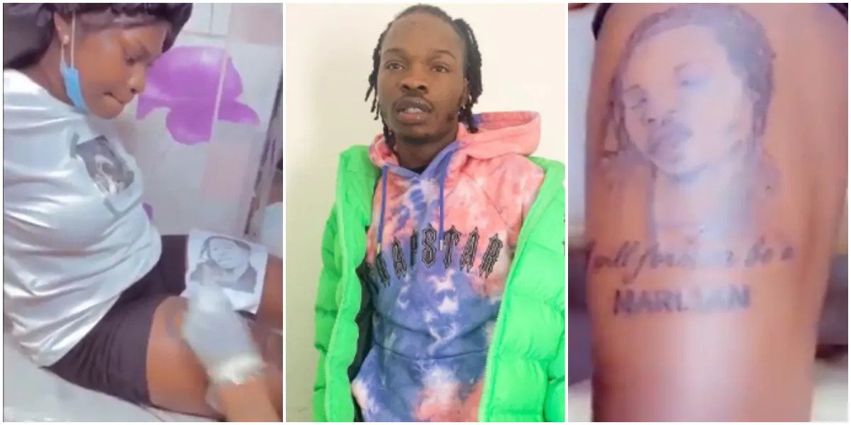 Naira Marley Goes Speechless Again As Another Die-hard Fan Tattoos His Face On Her Thigh