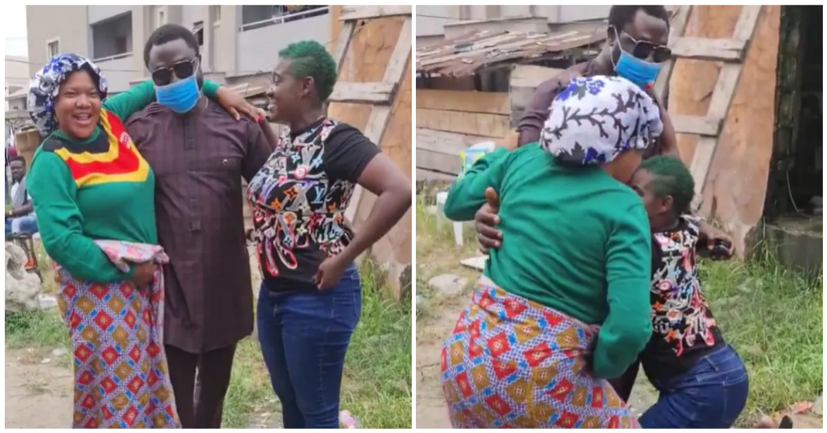 Toyin Abraham Makes Mercy Johnson Kneel to Greet Her Husband Prince Okojie after He Surprised Her on set