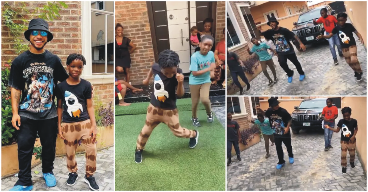 Viral Video of Wizkid's Son Tife Been Tutored By Poco Lee On How To Make Different Leg move Spark Reactions.