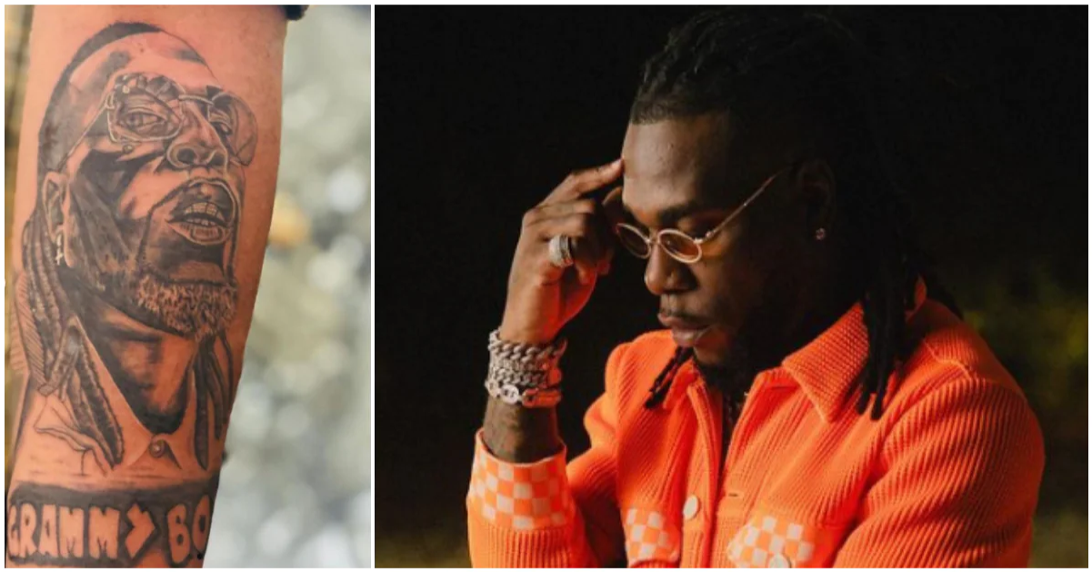 Reactions From Nigerians As Die-Hard Fan Tattoo Burna Boy's Face on His Arm