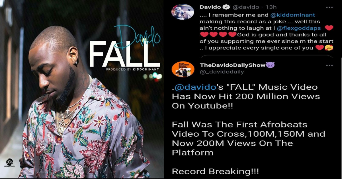 “I Remember Making This Record As A Joke” – Davido Reacts To His Music Video ‘Fall’ As It Hits 200 Million Views On Youtube