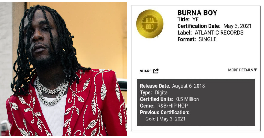 Burna Boy ‘Ye’ Song Track Certified Gold In The United States