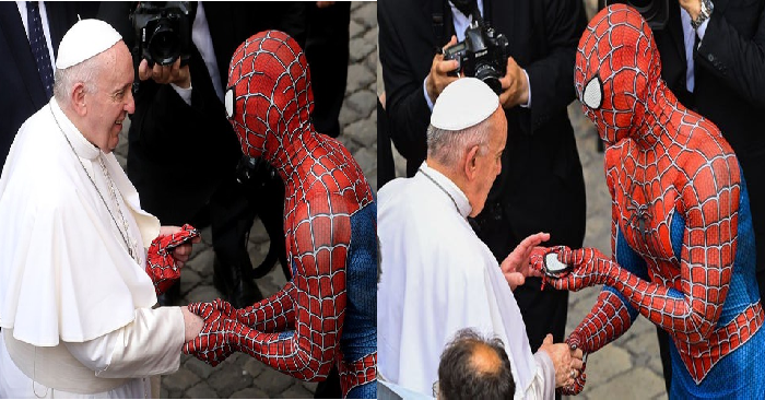 Moment Spider-Man Meets With Pope Francis At A Weekly Audience In Vatican (Photos)