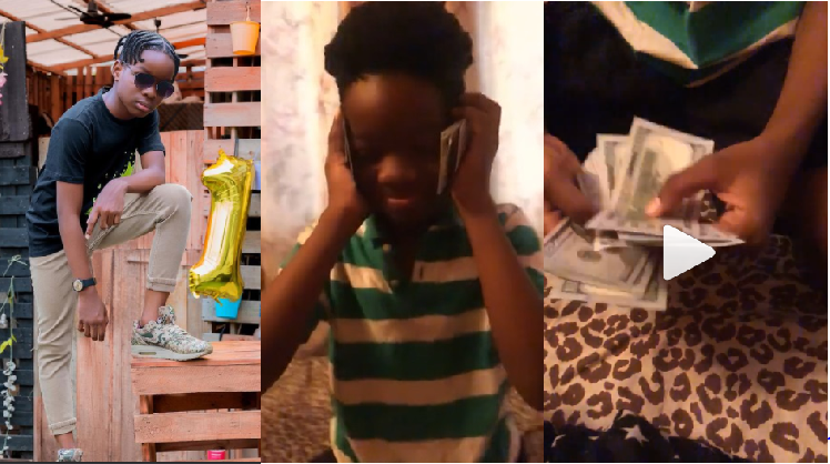 "I only speak in foreign currency": Boluwatife Says As He Flaunts N1M Cash Gifted To Him By His Father Wizkid (Video)
