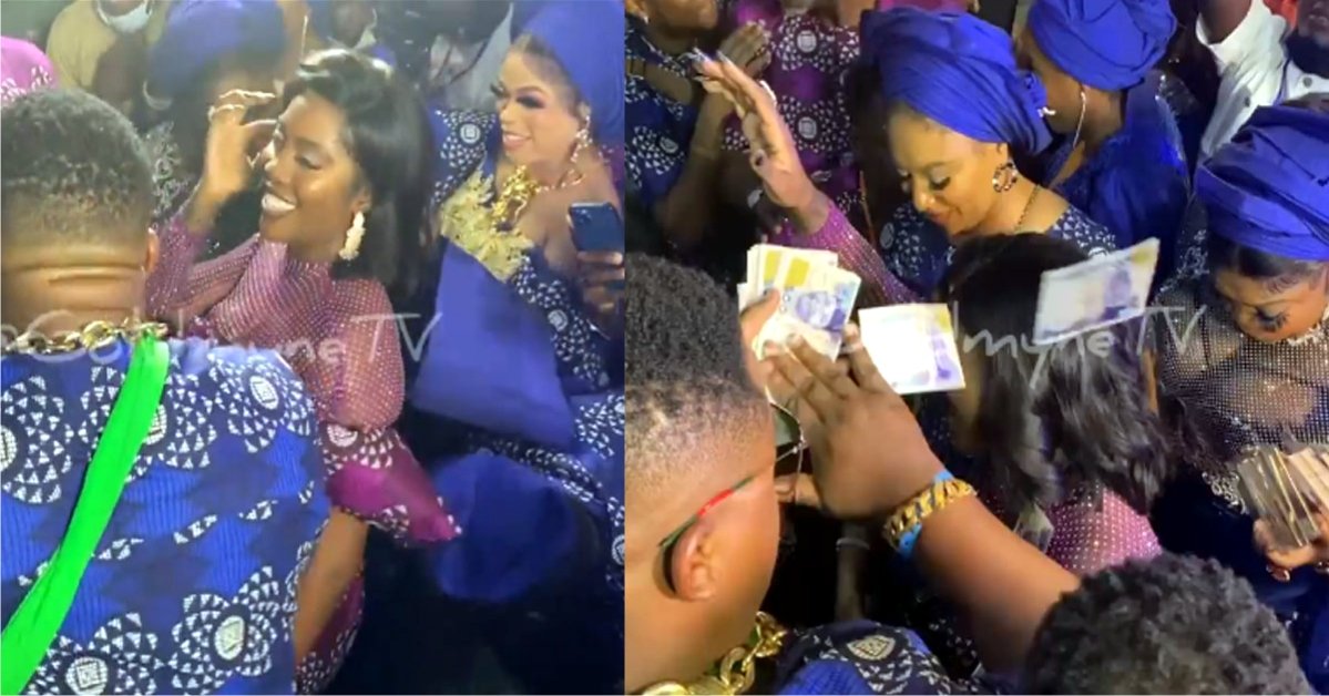 Bobrisky Challenges Cubana Chief Priest as they Spray Cash On Tiwa Savage At Her Father’s Funeral Reception