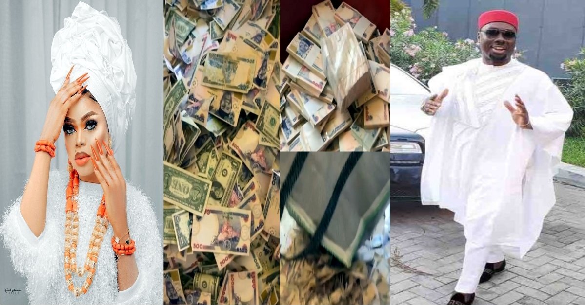 Bobrisky boasts, "Obi Cubana no do pass this one," as he flaunts wads of Dollars and Nairas that rained at his birthday party