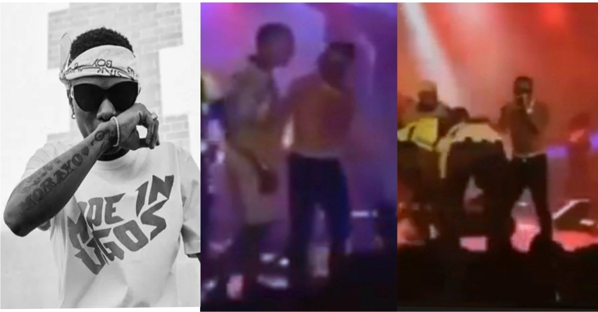 “Guy You No Be Woman Na, Cool Down!” - Wizkid tells a fan who Hugged him on Stage (Video)