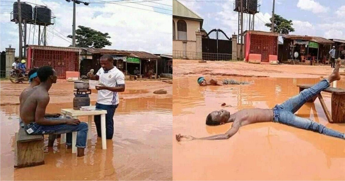 PHOTOS: Youths Cook And Swim In Muddy Water To Raise Awareness About The Terrible State Of A Road