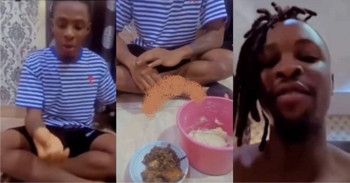 “Why the Eba con strong like this” – Funny Reactions As Laycon And Joeboy Bond Over Bowl Of Eba And Vegetable Soup