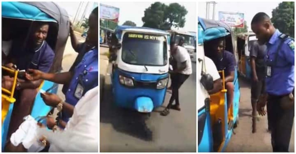 Nigerian Policeman Stops Keke Driver on Expressway, Wows the Man and His Passengers with Cash Gifts in Video
