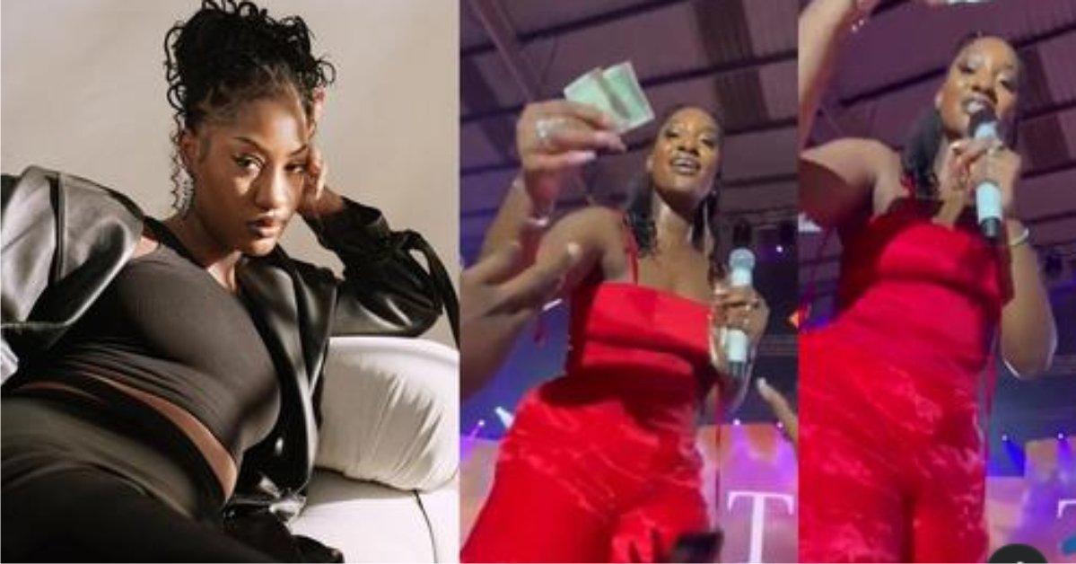 “Na by force to spray celebrity?” – Reactions as Tems throws back $1 bill a fan gave her during a recent performance (video)