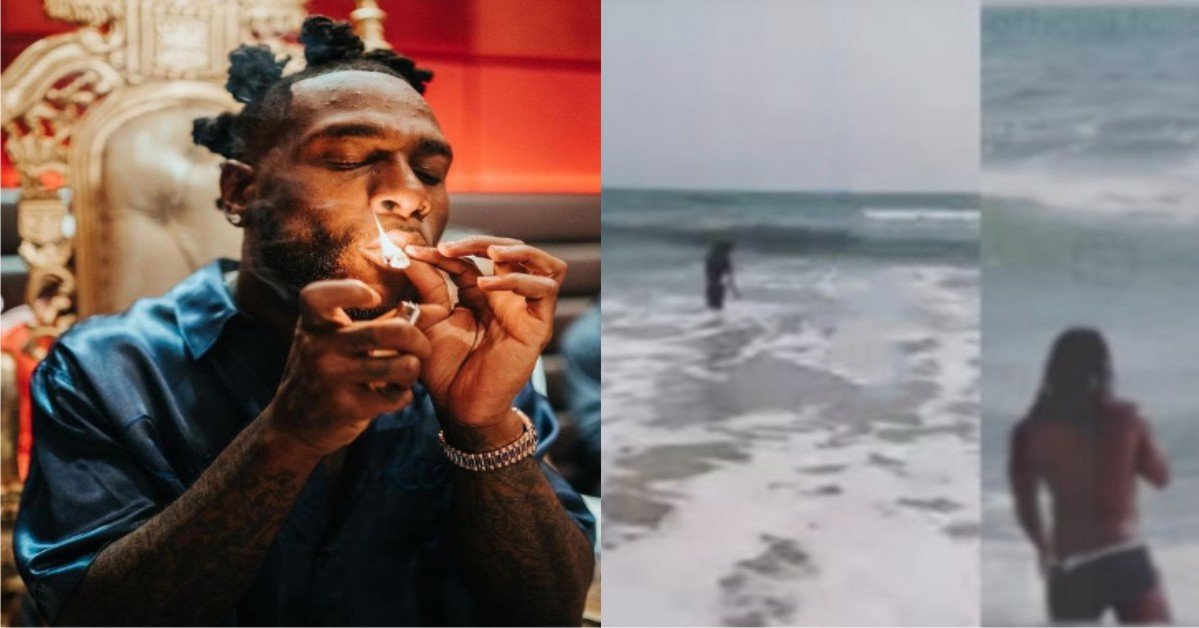 "E don go smoke again" - Reactions As Burna Boy Goes Diving In The Sea After He Cried Out For Help