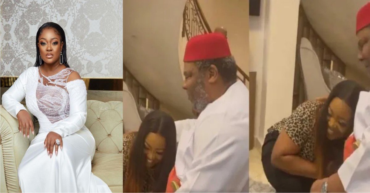 VIDEO: Moment Jackie Appiah Goes On Her Knees To Greet Legendary Nollywood Actor, Pete Edochie After Meeting On A Movie Set