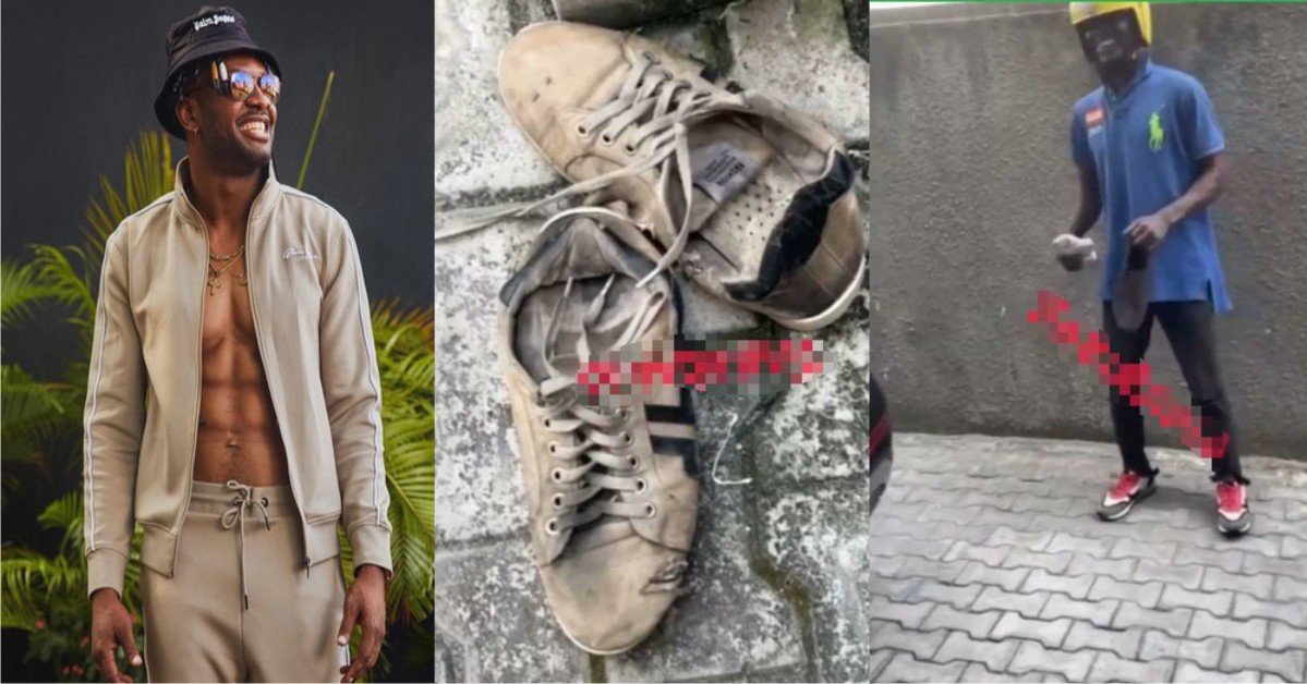“Must u record, na wa o” – Reactions As Cross Gifts Delivery Man Brand New Set Of Gucci Shoes After Seeing His Worn-Out Shoe (Video)