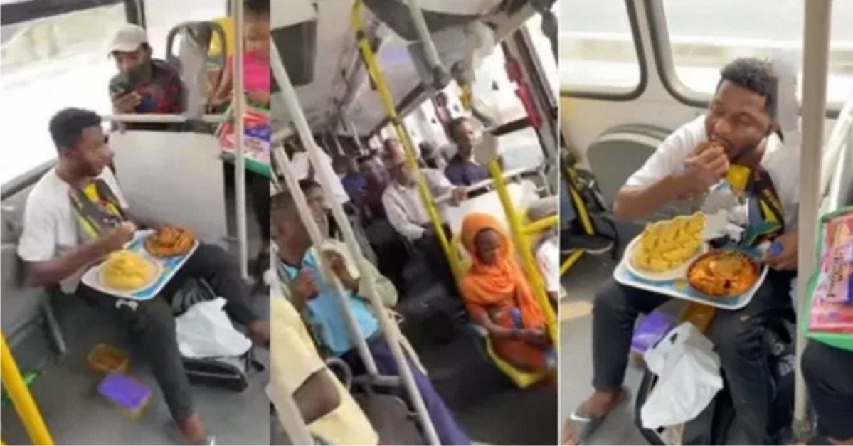 "Una no go join am ??" - Reactions As Man Spotted Seriously Dealing With A Mountain Of Eba And Soup Inside A Bus In Lagos (Video)