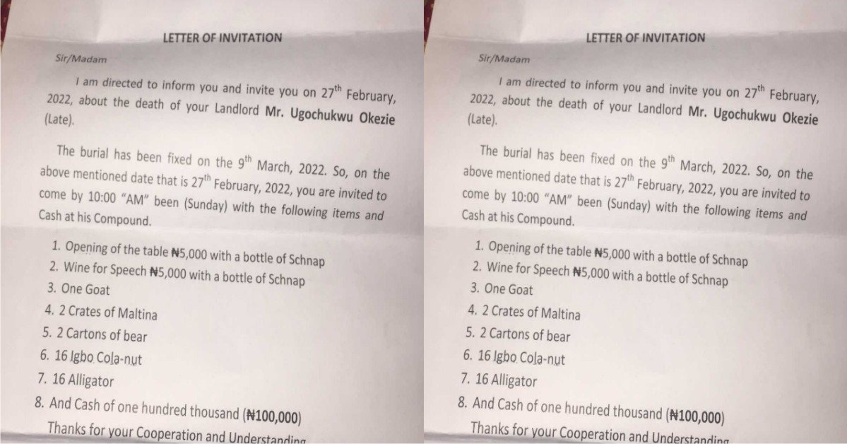 “Na You Kill Am?” – Reactions As Tenant Disclose List Of Items He’s Given To Contribute For Burial Of Landlord