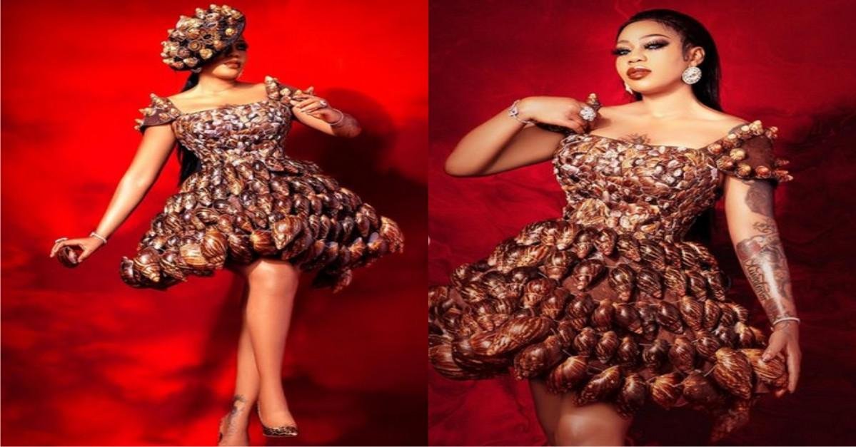 Celebrity Fashion Designer, Toyin Lawani Designs Dress With Snail Shells (Photos/Video)