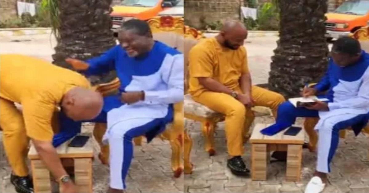 Moment Yul Edochie Knees To Greet Kanayo O. Kanayo During Courtesy Visit (VIDEO)