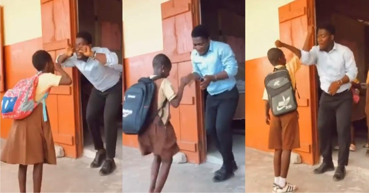 Adorable Video Of Teacher Welcoming Pupils To School By Busting Different Dance Steps With Each Of Them