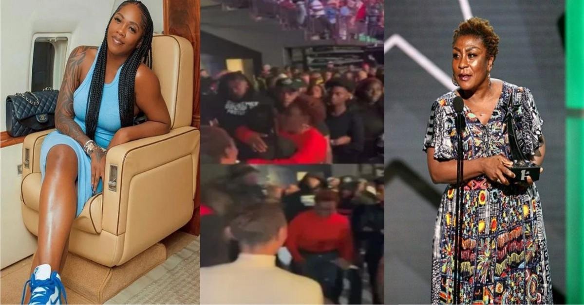 Moment Tiwa Savage Knelt Down To Greet Burna Boy’s Mum, Bose Ogulu, During A Show At Manchester, UK (Video)