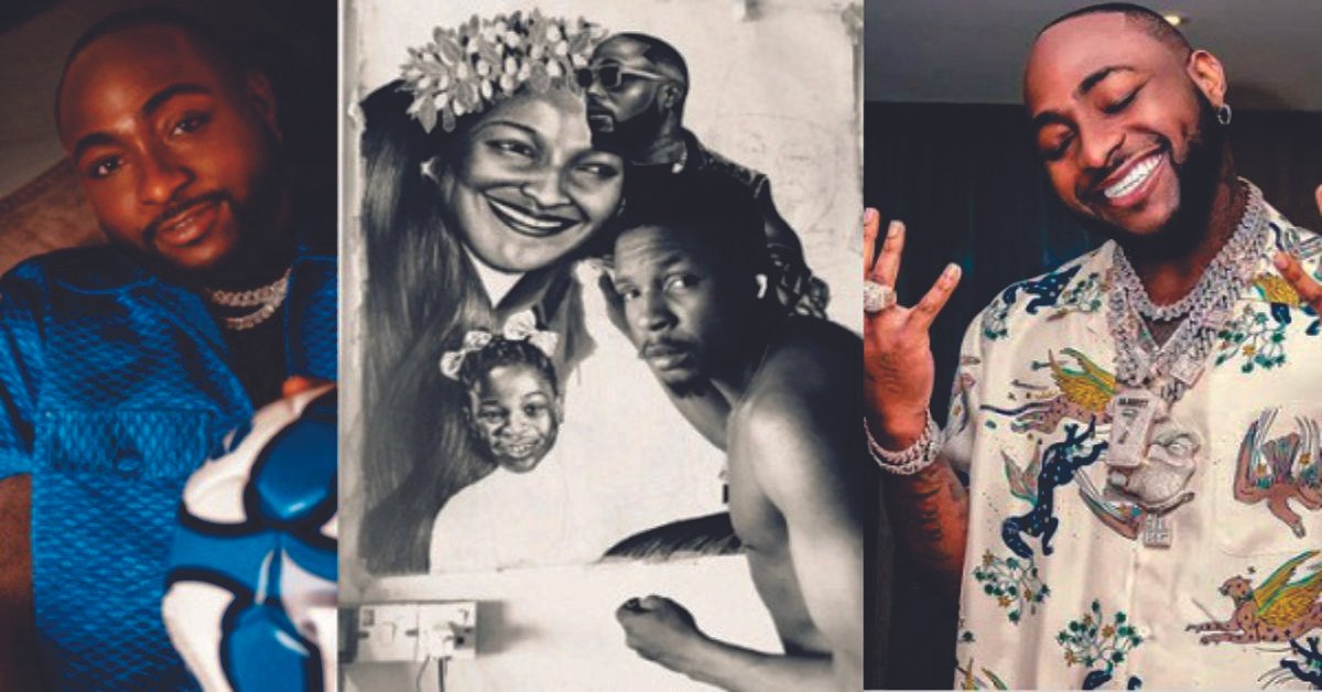 Amazing! Davido Reacts, Reaches Out To Talented Artist Making A Beautiful Portrait Of Him, His Late Mum And Daughter