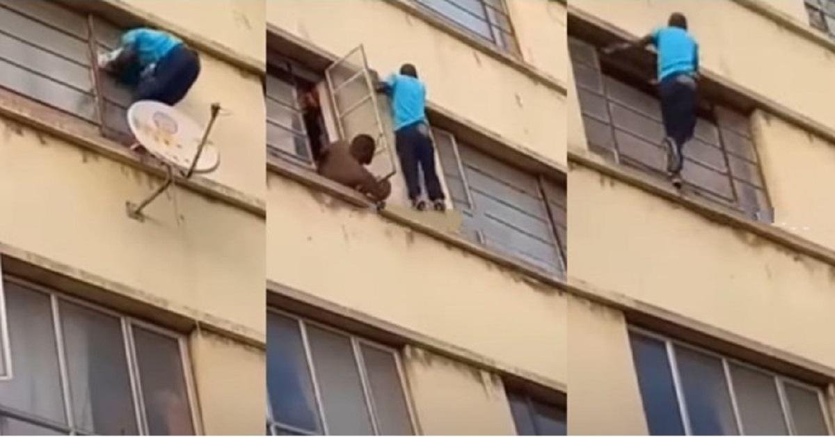 "Away match gone wrong" Drama as man nearly Nabs his wife’s lover who jumped out through high rise window (Video)