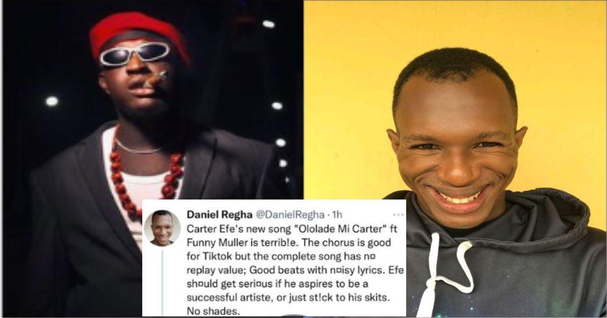 "If I catch you for warri.." - Carter Efe threatens Twitter user Daniel Regha for saying his new song is terrible
