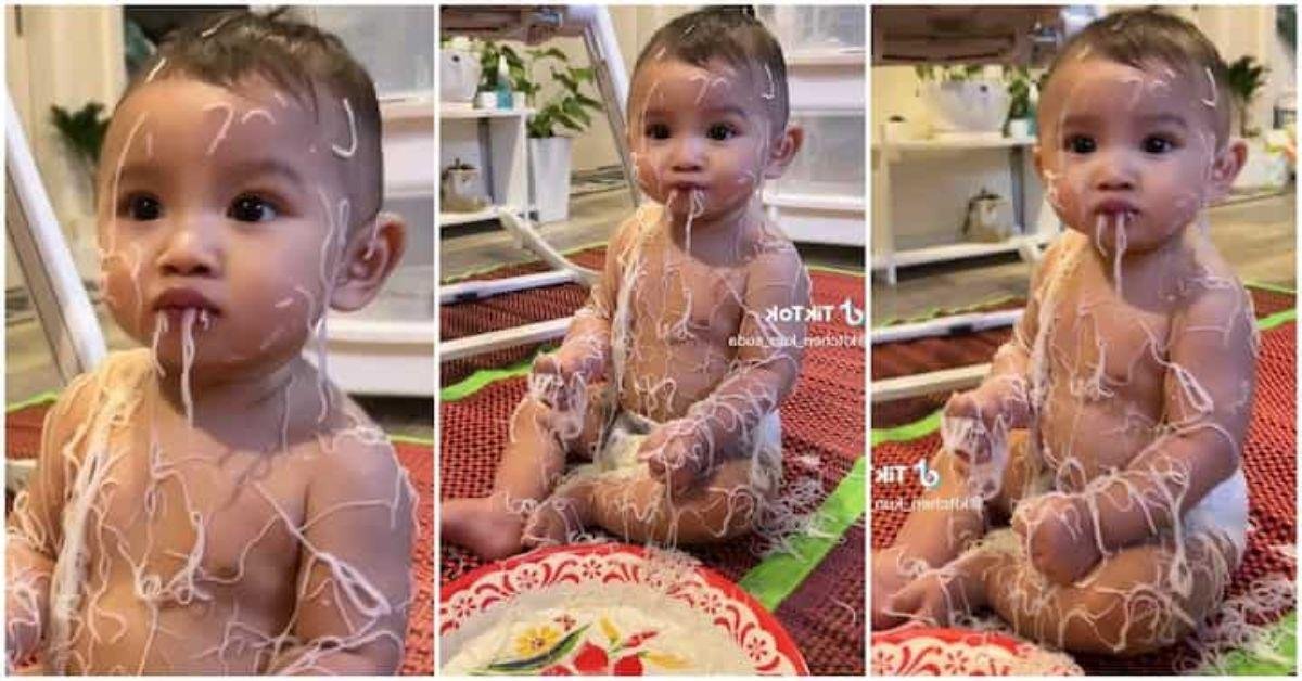 Viral Video of a baby trying to feed himself, but end up using the noodle to design his body